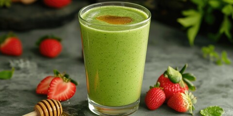 A refreshing green smoothie with fruit and a honey rim, on a table of healthy snacks.