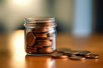 Poster - Jar filled with coins sitting on a wooden table in soft lighting during early evening. Generative AI