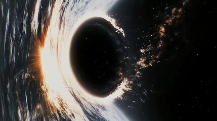 Wall Mural - Cosmic Cascade: A digitally rendered depiction of a black hole, its event horizon ablaze with distorted light and energy, serving as a portal to the unknown.