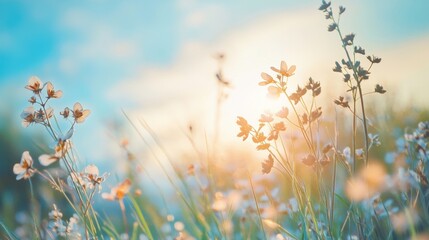 Poster - Sunlight filters through blooming wildflowers in a serene meadow during early morning hours. Generative AI