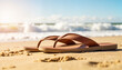 © Ksenia Pestereva - Brown flip-flops resting on sandy beach against ocean backdrop