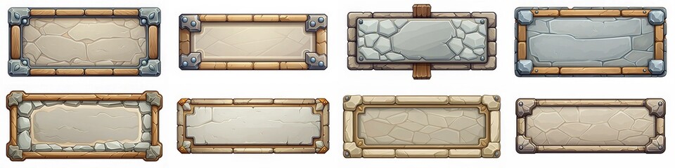 Wall Mural - A set of nine wooden signs with a stone background. The signs are all different sizes and shapes, but they all have a similar design. Scene is rustic and natural, with the wooden signs