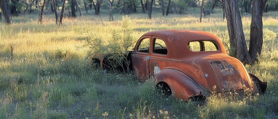 An abandoned rusty car rests deep within a serene meadow, enveloped by nature as sunlight filters through the rustling trees.