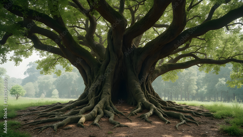 Foto de Stock Ancient banyan tree roots. Sprawling banyan tree growth ...
