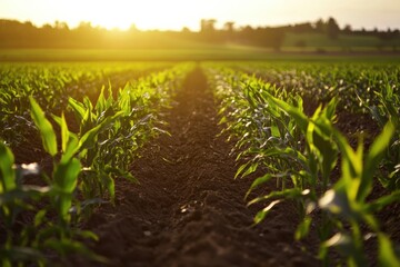 Poster - Sunset over a green cornfield with rows of young plants stretching into the horizon. Generative AI