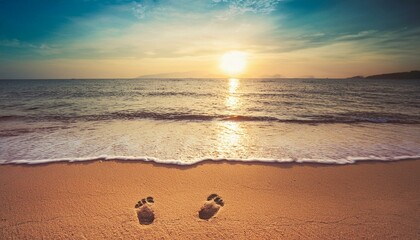 Wall Mural - foot print on the beach on sunrise sea background with vintage filter