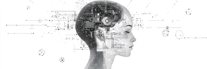 Poster - Outline of a human head filled with artificial intelligence mechanisms and schematic designs illustrating technology integration. Generative AI