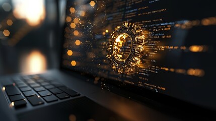A programmer developer is typing a script in source languages, coding symbols, and an icon for development, project data, programming, software engineering, IT technologies, and computer, with a 3d