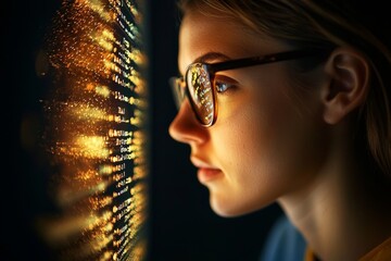 A young computer programmer is shown making headway on her code in a cropped view of her studying information