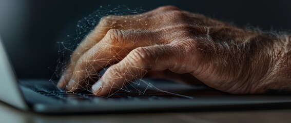 The scene depicts a person using a mobile phone and laptop, set against a futuristic technology background that incorporates big data, digital technology, and internet network connections in a smart