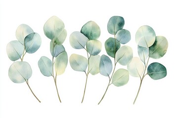 Poster - Delicate watercolor depiction of eucalyptus leaves in soft green and blue hues on a white background. Generative AI
