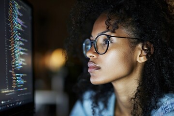A focused Afro-American girl, skilled in web development, sits at her desk in the evening, working on Java script, HTML, and back-end algorithms on her netbook