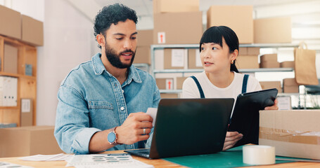 Poster - Laptop, shipping and team with people in warehouse for delivery route, logistics schedule and inventory order. Planning, ecommerce depot and small business partner with employee for cargo procurement