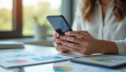 Close-up woman using smartphone at office desk with charts, graphs, tablet pc. Mobile marketing strategies, business analytics, online communication. Financial planning via digital devices. Teamwork,