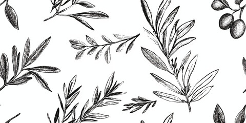 Olive branch pattern. Seamless vector black and white botanical pattern with olive branches and leaves on a white background for design element, wrapping, wallpaper, banner background