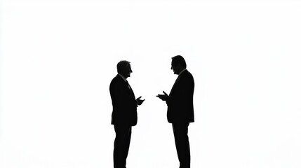Poster - Silhouettes of two executives engaged in discussion against a minimalist white background during a business meeting. Generative AI