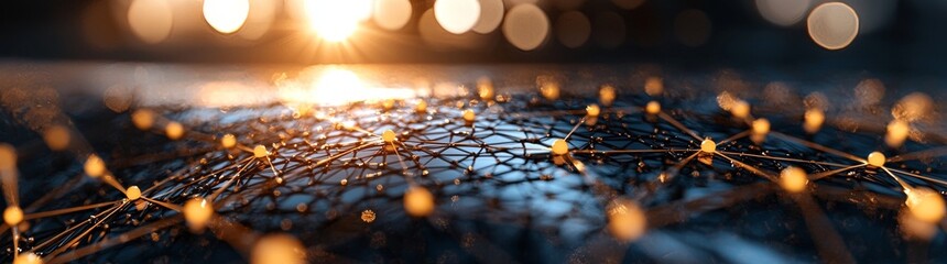 Glowing lines and dots form a digital plexus in this 3D rendering, which represents a network or connection set against an abstract background