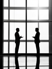 Wall Mural - Silhouettes of two executives engaged in conversation in a modern office with large windows at midday. Generative AI