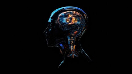 Leinwandbilder - Side profile of a human head revealing intricate mechanical structures and a glowing robotic eye. Generative AI
