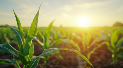 Sticker - Sunset light illuminating corn field with sprinkler irrigation system, generating geometric water spray patterns across agricultural landscape