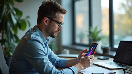 A mobile app developer testing an application on a smartphone