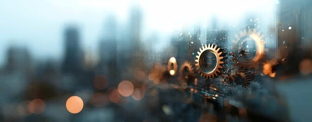 A light gray and blue digital background with futuristic gears and cogs, incorporating various technology themes
