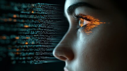The image of a woman's eye is overlaid with futuristic digital data in a close-up shot, symbolizing the advancement of technology and its integration with humanity, as seen in a stock photo, blending