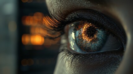 A woman's eye is shown in close-up, overlaid with futuristic digital data, highlighting the fusion of human and technological advancement in a stock image, creating a mesmerizing blend of human and
