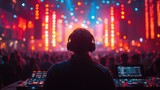 A DJ skillfully mixes tracks at a crowded electronic dance music event, surrounded by colorful lights and an energetic audience dancing and enjoying the music