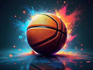 Fototapete - A basketball with a glowing aura and vibrant splashes of color, creating a dynamic and energetic sports image