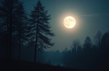 Wall Mural - full moon illuminates silhouetted trees at foggy night. sky dark blue tones, bright moonlight. aethe