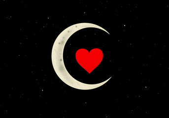 Wall Mural - The crescent moon and heart, simple dreamy romantic love illustration