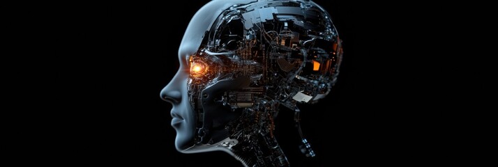 Leinwandbilder - Futuristic human head profile showcasing advanced cybernetic implants and a glowing robotic eye in a dark setting. Generative AI