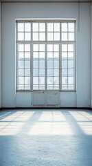 Fototapete - Spacious room featuring a white wall and oversized windows that invite gentle sunlight. The minimalist atmosphere creates a serene and peaceful ambiance perfect for creativity.