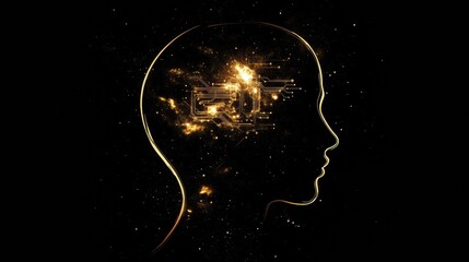 Fototapete - Silhouette of a human head illuminated by glowing quantum circuits representing advanced computing thoughts. Generative AI