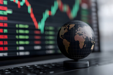 Poster - Global financial trading with world map globe on laptop, showcasing stock market analysis and international investment strategies.