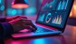 © Vadym - Person types on laptop keyboard near graphs, charts. Data analysis, financial planning, statistics, digital marketing, campaign optimization, measurement, business strategy concepts on neon vivid