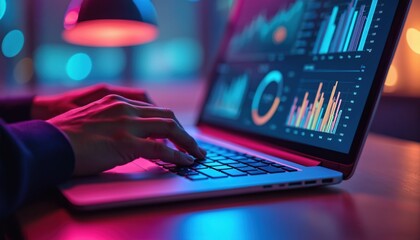 person types on laptop keyboard near graphs, charts. data analysis, financial planning, statistics, 