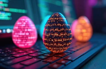 glowing easter eggs with digital code patterns on programmer workspace. eggs emit multicolored neon 