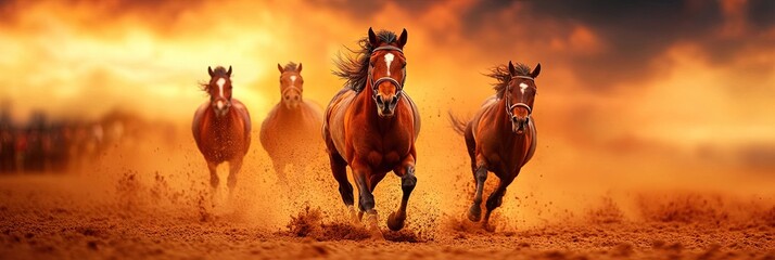 Canvas Print - horses stampeding and kicking up dust in nature