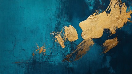  Gold Brush Strokes on Deep Blue Canvas, Abstract Luxury Art
