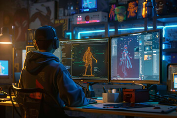 game developer wearing headphones works on 3d character design in studio with multiple monitors. con