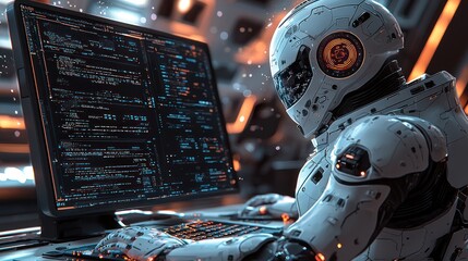 Futuristic robot programmer at computer workstation in a space-like office