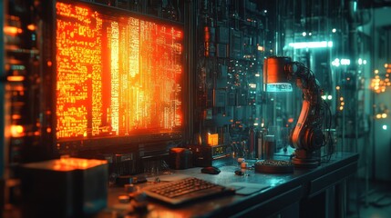 Futuristic lab Robotic arm, code display, cyberpunk background