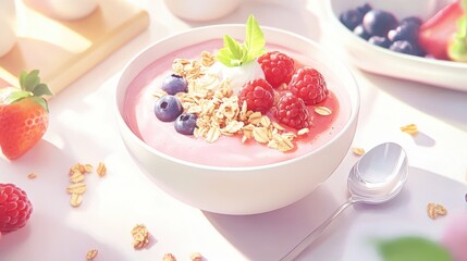 Wall Mural - A vibrant family breakfast with smoothie bowls, granola, and fresh berries in a modern kitchen, promoting healthy eating and togetherness.