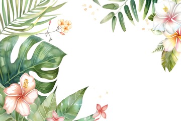Aufkleber - On the right is a set of botanical watercolor illustrations with green monstera leaves, palm branches, pink and white frangipani flowers, laurel twigs, and creepers on a white background