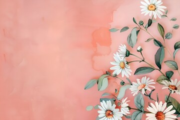 Aufkleber - on the right is a botanical watercolor illustration of daisy branches with white and pink flowers and green leaves on a pastel pink background with an empty space on the left