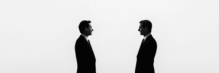 Fototapete - Silhouettes of two executives in formal suits facing each other against a plain background during a business meeting. Generative AI