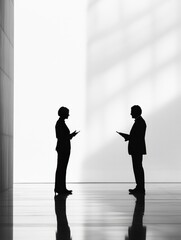 Fototapete - Silhouettes of two business professionals negotiating in a minimalist black and white setting with reflections on the floor. Generative AI