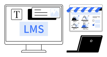 Desktop monitor with LMS software, online store interface, and laptop. Ideal for online learning, e-commerce, digital marketing, web development, tech support, remote work and user interface design